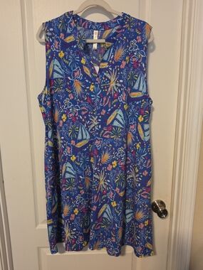 Sleeveless Bright Blue Sailboat & Fireworks Mini Dress